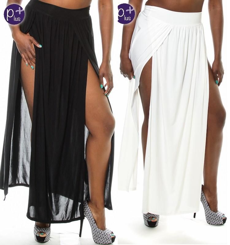 Plus Size Sexy High Waist Double Thigh High Slit Maxi Skirt Long Full Length Ebay 8980