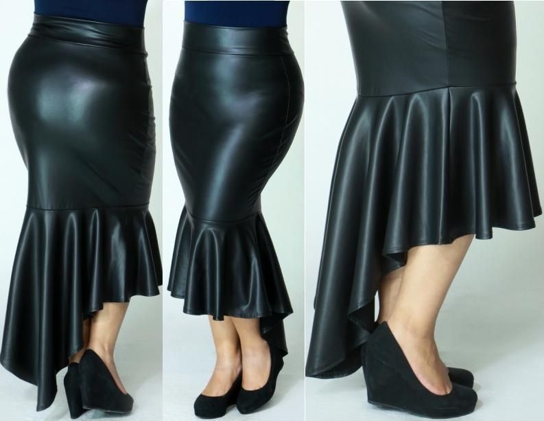 PLUS SIZE BLACK FAUX LEATHER SKIRT Straight Stretch Ruffle High ...