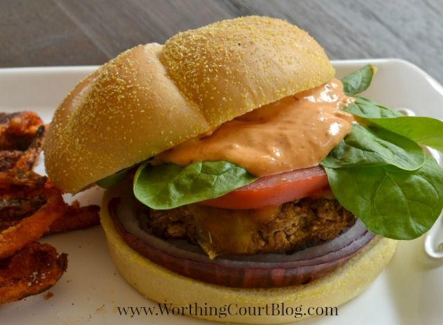 Recipe for Veggie Cheeseburgers With Chipotle Mayo Cheese Sauce.