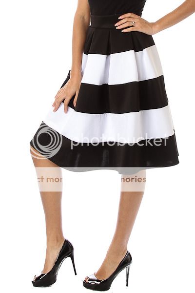 NEW HIGH WAIST BOX PLEATS STRIPED FULL SKIRT MIDI Knee Length Black ...