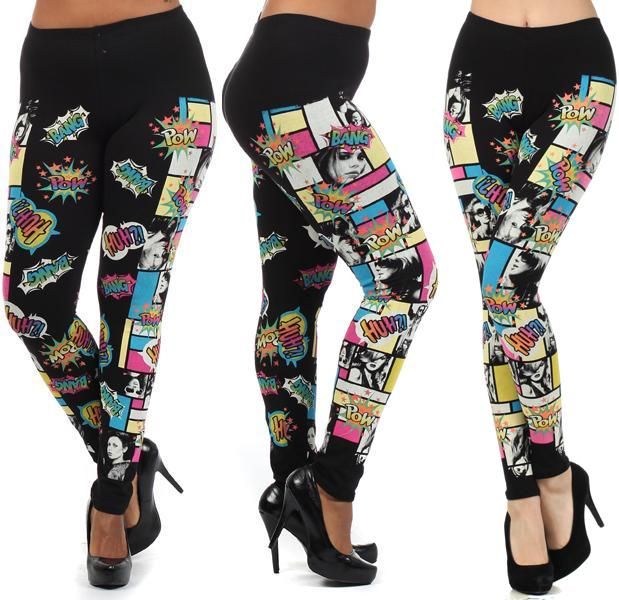 WOMEN POP ART LEGGINGS Comic Book Graphic Print Stretch Cartoon ...