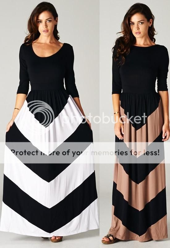 NEW WOMEN STRIPED MAXI DRESS 3/4 Sleeve Long Full Skirt Chevron Print S ...