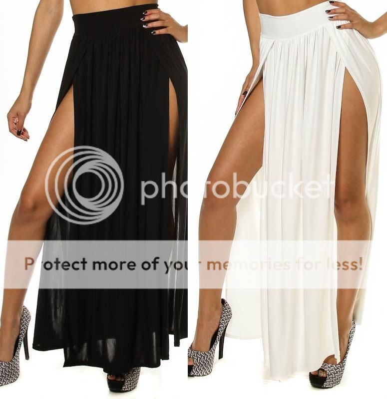 WOMEN HIGH WAIST DOUBLE THIGH HIGH SLIT MAXI SKIRT Long Full Length ...